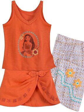 Disney Orange Moana Tank Pajama Set with Skirted Layer & Floral Capri Pants